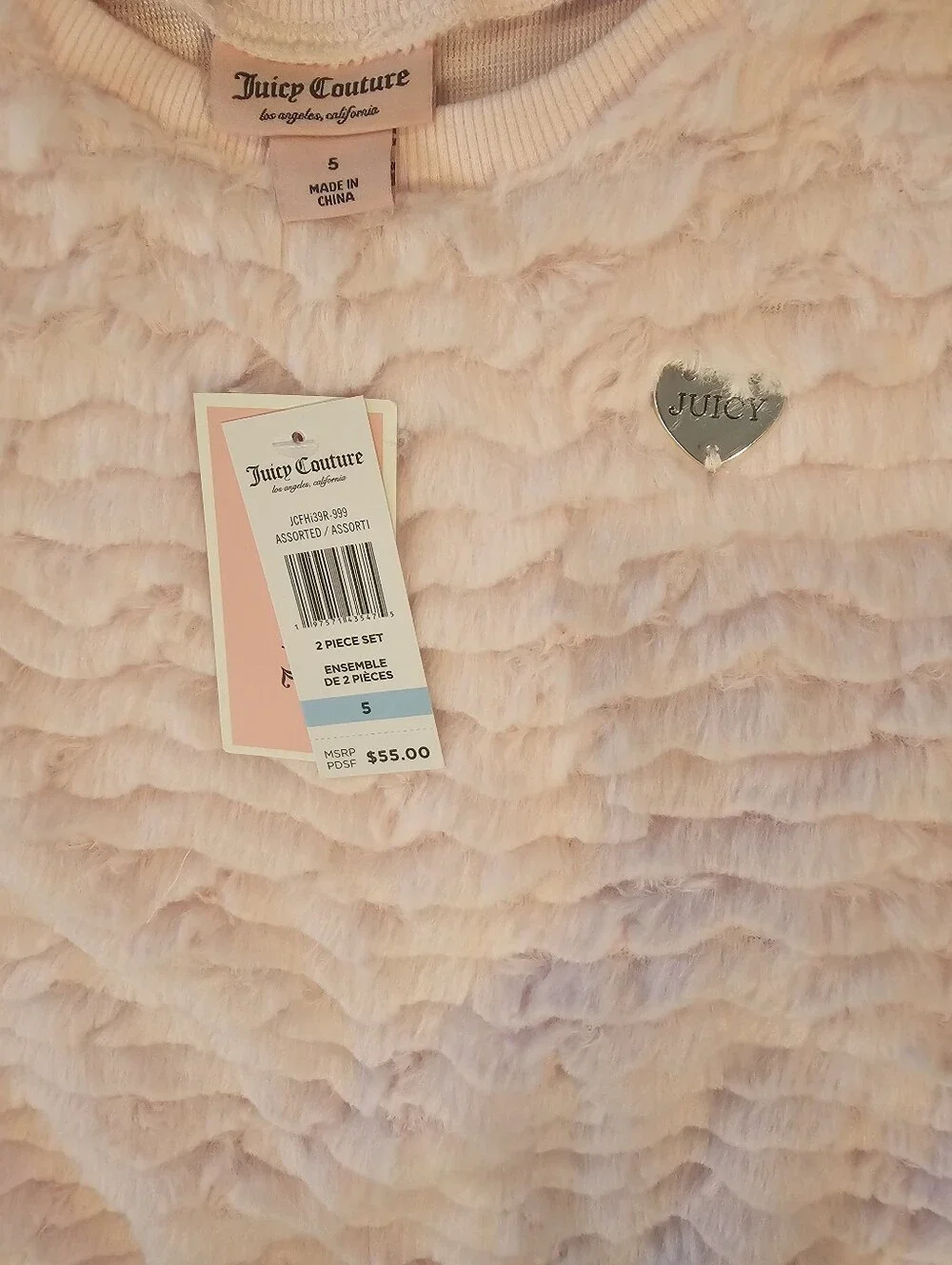 NWT Juicy Couture Girls 2 PC Set Size 5 Pink Fuzzy Sweater & Monogram Leggings